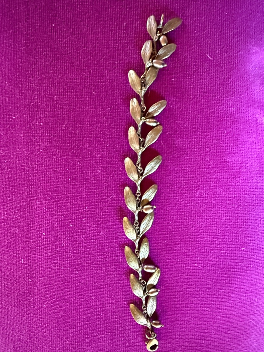 Michael-Michaud Olive Leaf Link Bracelet in Antique Gold with Pearls. 7.25”.